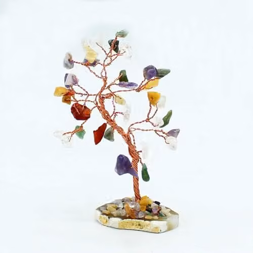 KDMD Gemstone Bonsai Tree with 35 Multicolour Stones on a Natural Agate Base