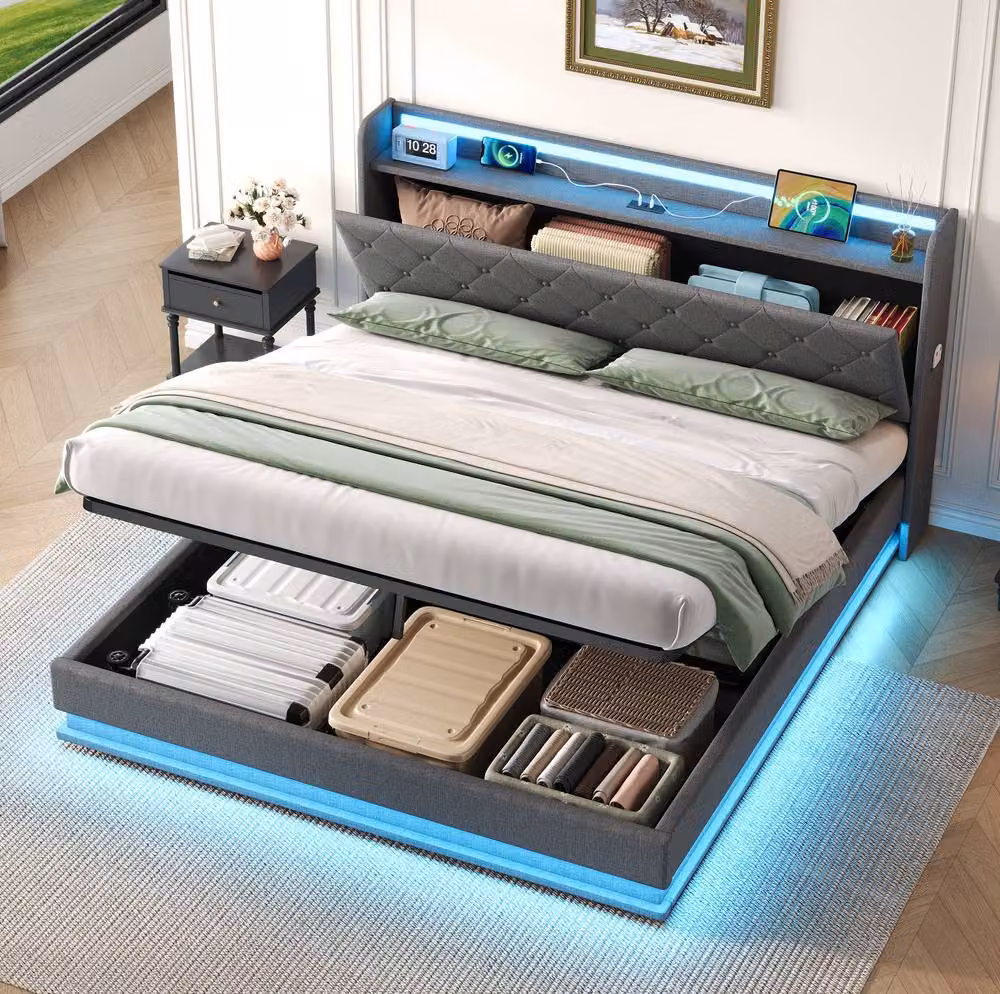 STILVORA King Size Bed Frame with Lift Up Storage, LED Lighting and USB Charging Ports in Grey – 2