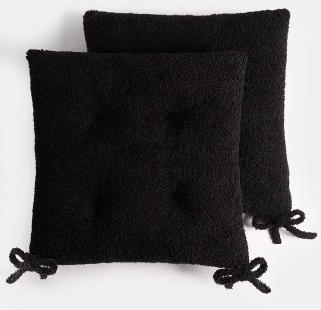 OHS Pack of 2 Black Boucle Quilted Square Dining Chair Seat Pads