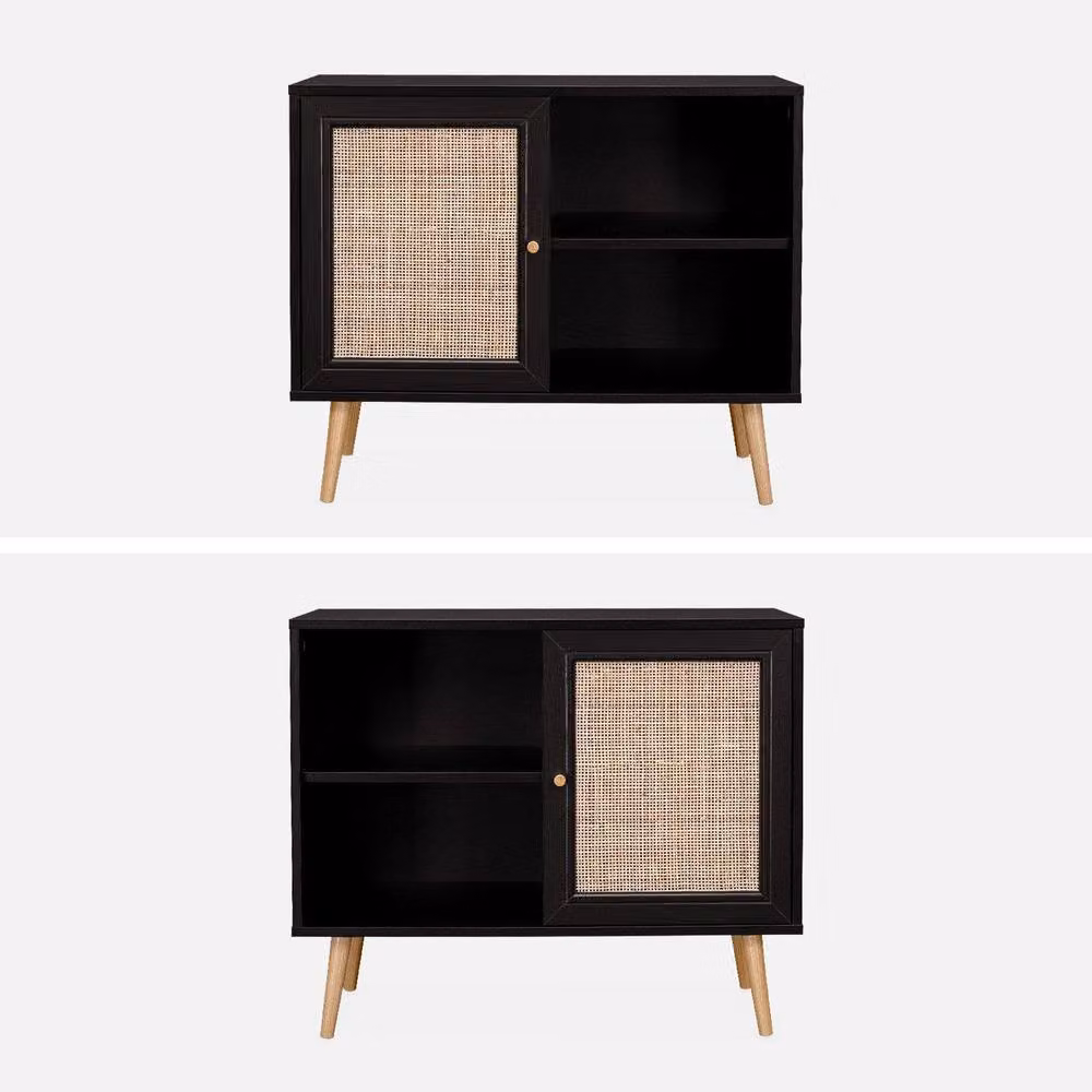 sweeek Scandi-style Storage Cabinet with Wood and Cane Rattan in Black, Width: 80 cm – 2