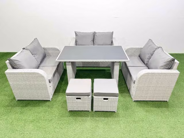 Fimous 8 Seater Rattan Garden Furniture Set with 2 Stools in Light Grey