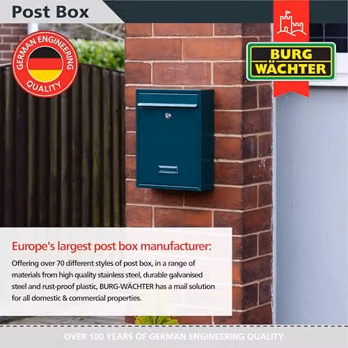Burg-Wächter MB19G Trent Wall Mounted Galvanised Steel Lockable Weatherproof Post Box, Green, W: 26 cm, H: 34 cm, D: 9 cm – 5