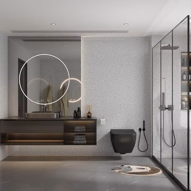 Neptune Terrazzo Stone Super Matt Bathroom Wall Panel, Grey, W: 100 cm, H: 240 cm, D: 1 cm