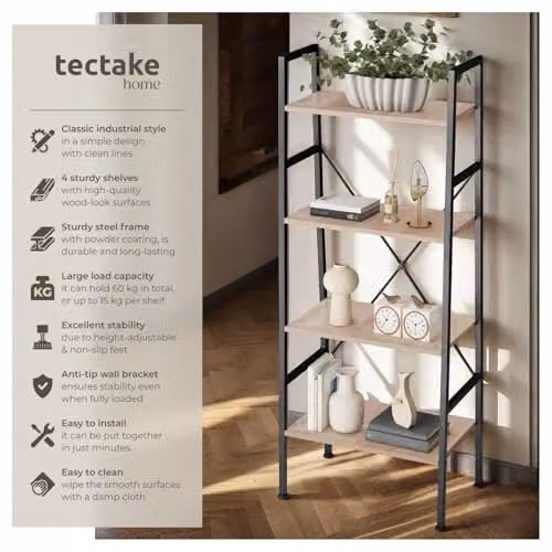 tectake Newcastle 4-Tier Ladder Shelf in Brown, W/D/H: 57.5 x 35.5 x 139.0 cm – 2