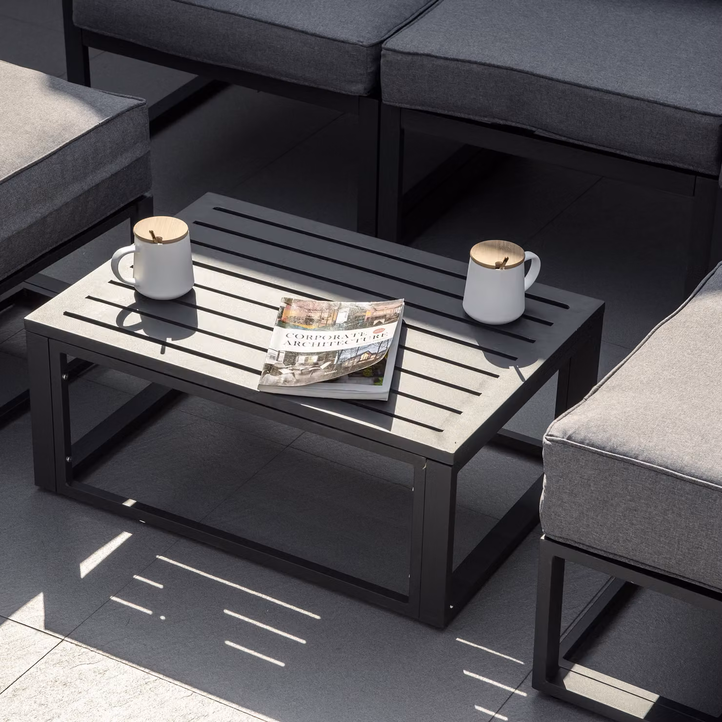 Outsunny 6 Piece Grey L-Shape Outdoor Sectional Sofa Set with Powder Coated Aluminium Frame, Coffee Table, Ottoman and Upholstered Cushions – 8