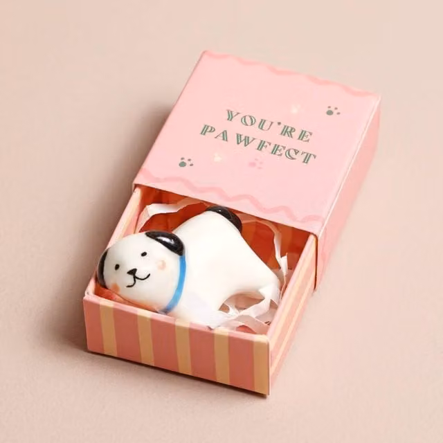 Lisa Angel Tiny Matchbox Ceramic Dog Token in White and Pink