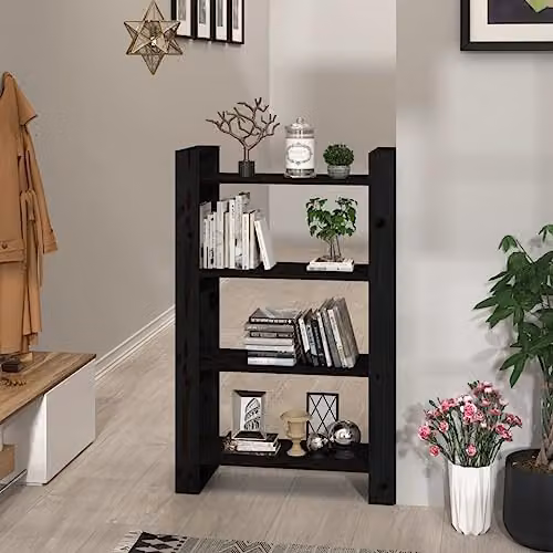 vidaXL Solid Wood Pine Book Cabinet and Room Divider in Black, W: 80 cm, D: 35 cm, H: 125 cm – 1