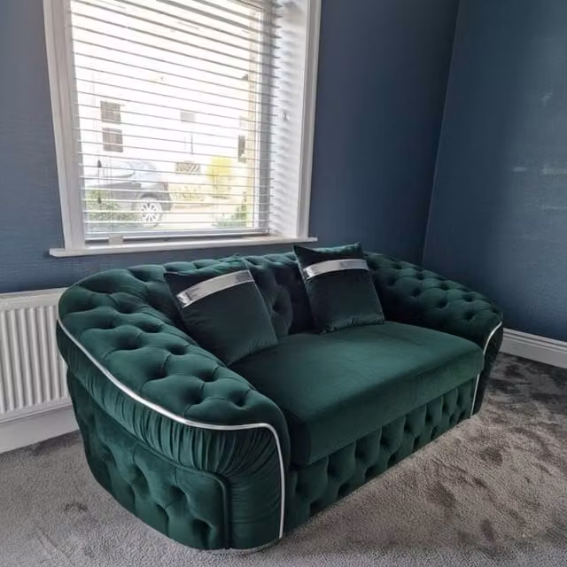 Stratus Interiors Ambassador Chesterfield 2 Seater Sofa in Green Plush Velvet with Silver Trim