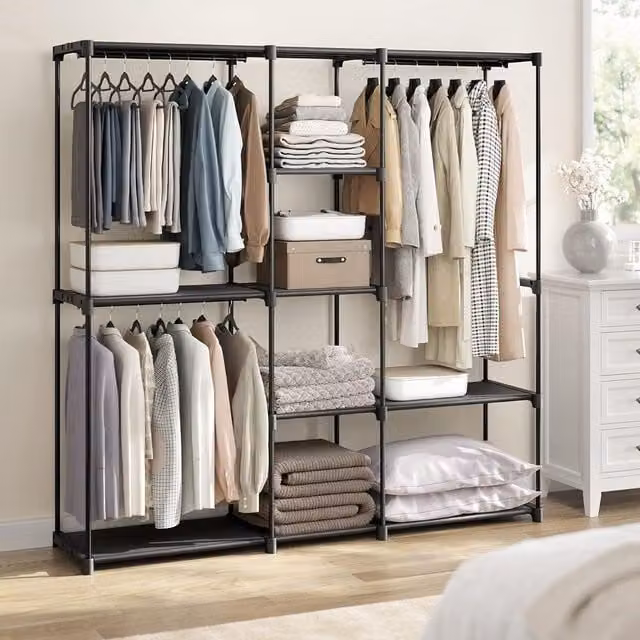 SONGMICS Open Clothes Rack Freestanding with Rails and Fabric Shelves in Black – 1