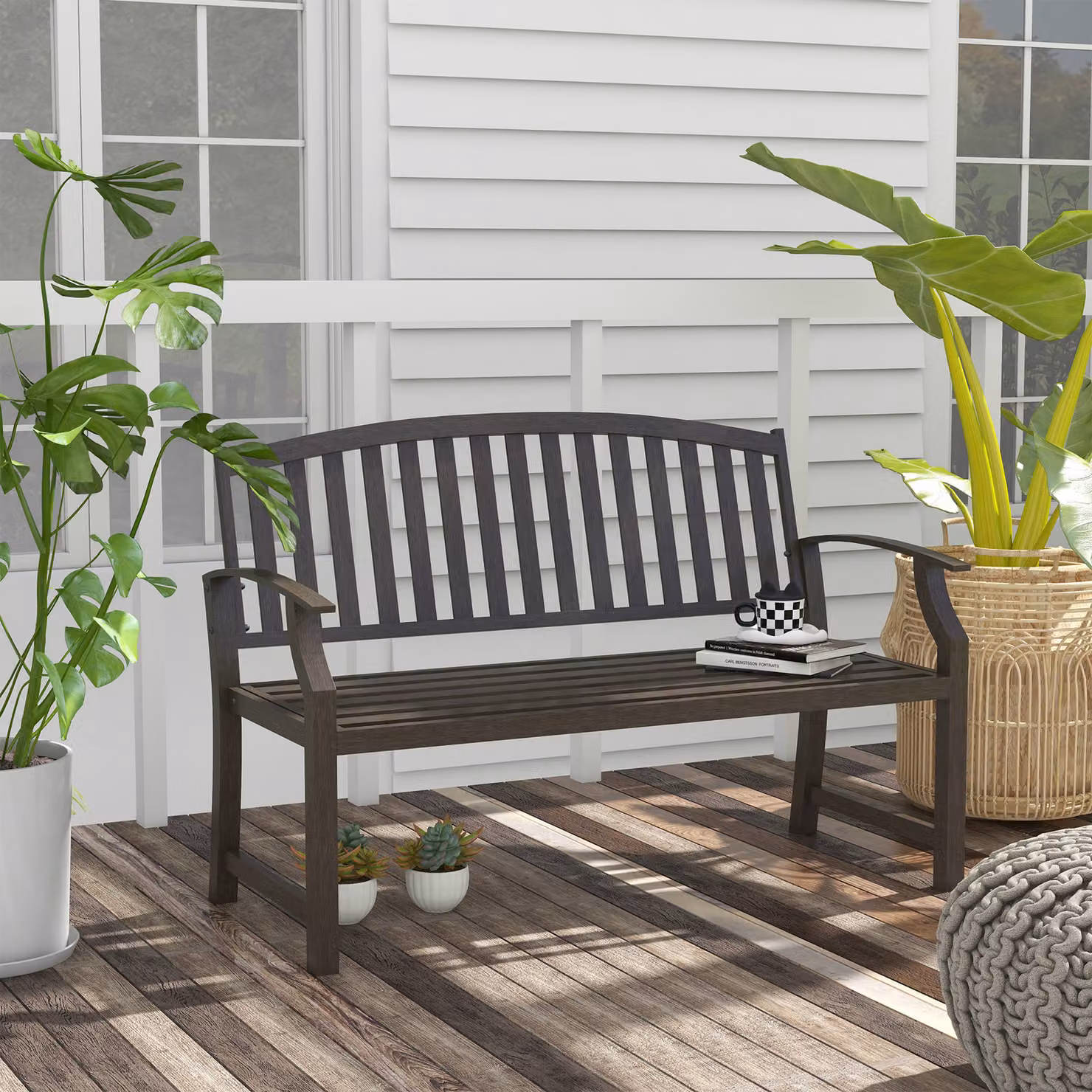 Outsunny Metal Garden Perch with Slatted Seat, Backrest and Curved Arms in Brown – 2