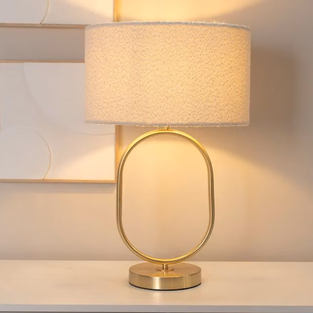 Antonia Brushed Gold Oval Table Lamp with Beige Boucle Drum Shade and LED Bulb