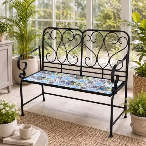 SHATCHI Lisbon 2 Seater Mosaic Garden Bench with Metal Frame and Glossy Geometric Ceramic Tile Seat, W: 112 cm, H: 96 cm, D: 47 cm – 6