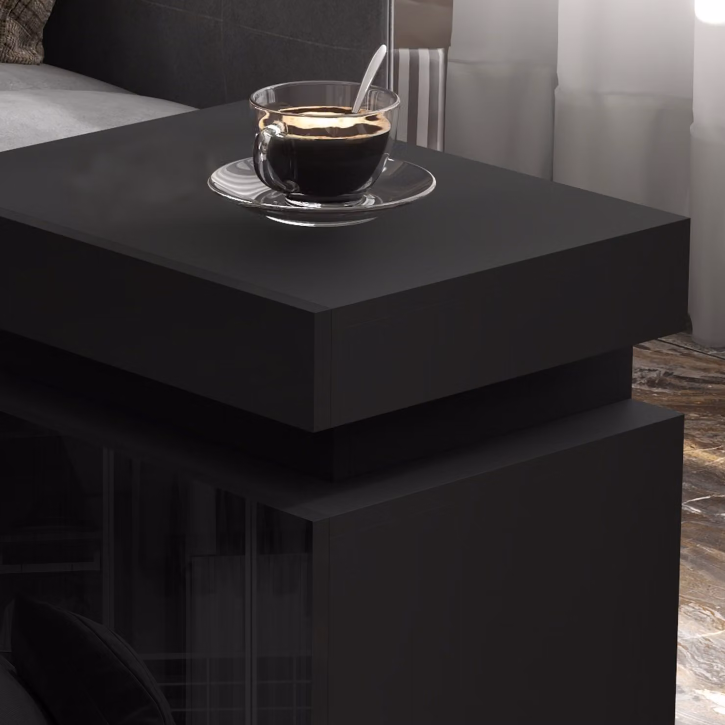 HOMCOM Black High Gloss Bedside Table with Integrated LED Light and 2 Drawers – 8