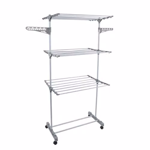 JVL 3 Tier Foldable Drying Rack with Hooks, White Coated Steel – 1