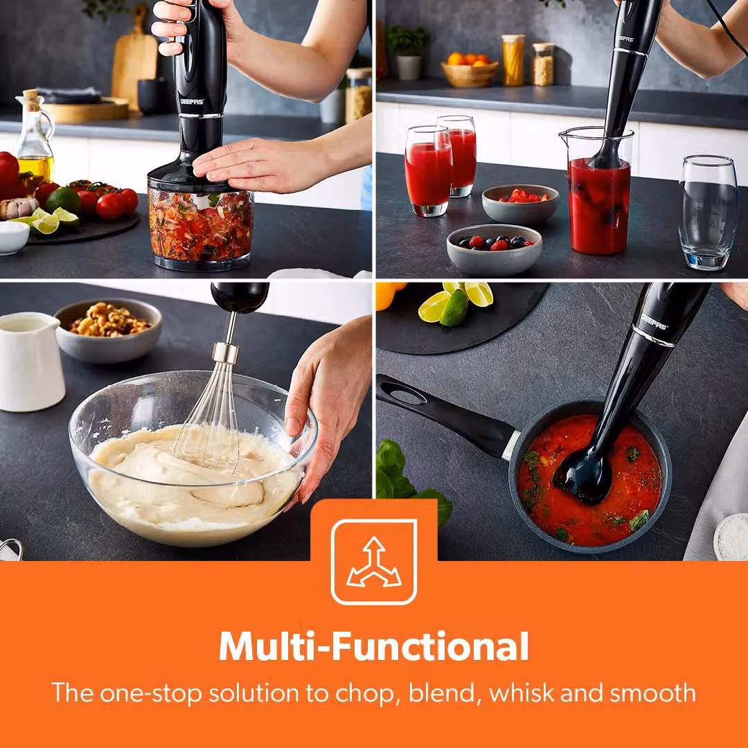 Geepas 4-in-1 Hand Blender 200W with Chopper Bowl and Whisk in Black – 4