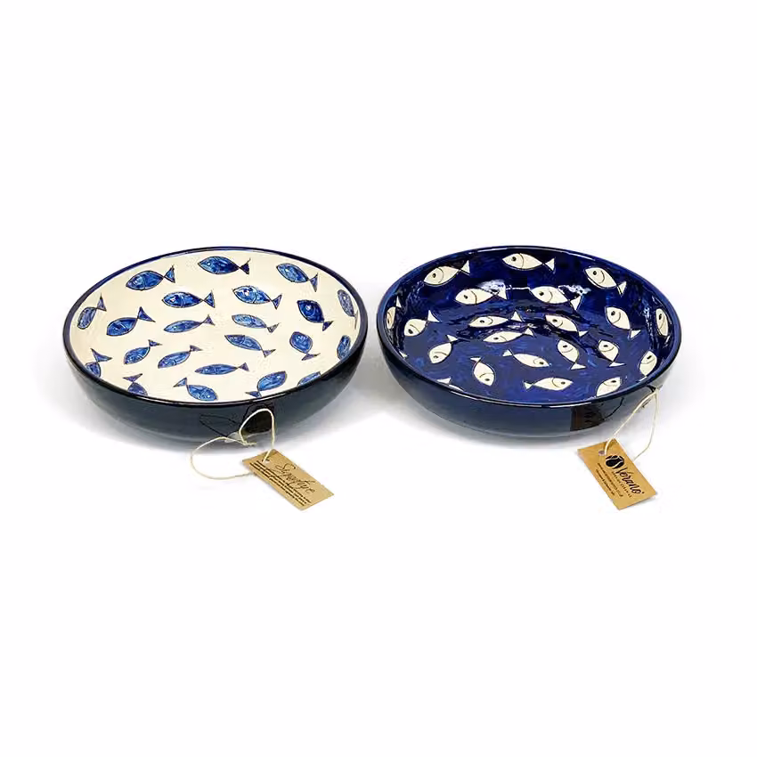Verano Spanish Ceramics Signature Blue and White Hand Painted Fish Ceramic Serving Bowl, Diameter: 23 cm – 3