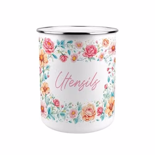 Purely Home Pink Roses Metal Utensil Holder in Pink and White, W: 18 cm, D: 18 cm, H: 16.5 cm