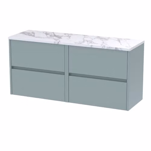 Balterley Coastal Grey Handleless Wall Hung Bathroom Vanity Unit with 4 Soft Close Drawers and Laminated Worktop, W/D/H: 120.5 x 39.0 x 56.1 cm