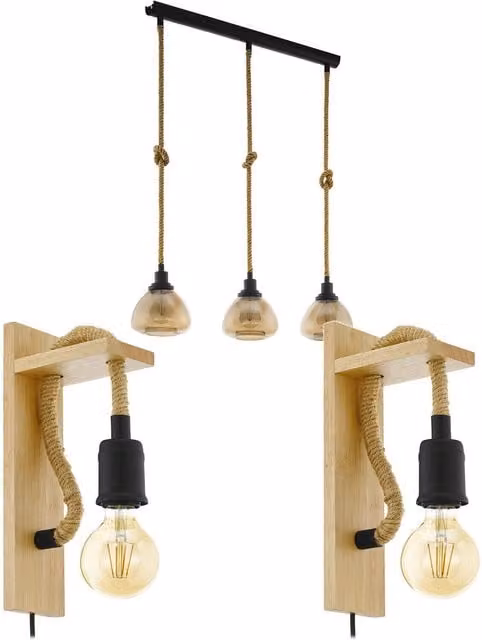 Loops Linear Ceiling Pendant and 2x Matching Wall Lights in Black and Amber Glass