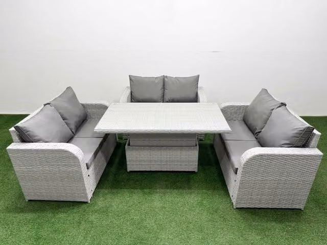 Fimous 6 Seater PE Wicker Rattan Garden Furniture Set in Light Grey with 2 Seater Love Sofa and Adjustable Lifting Dining or Coffee Table