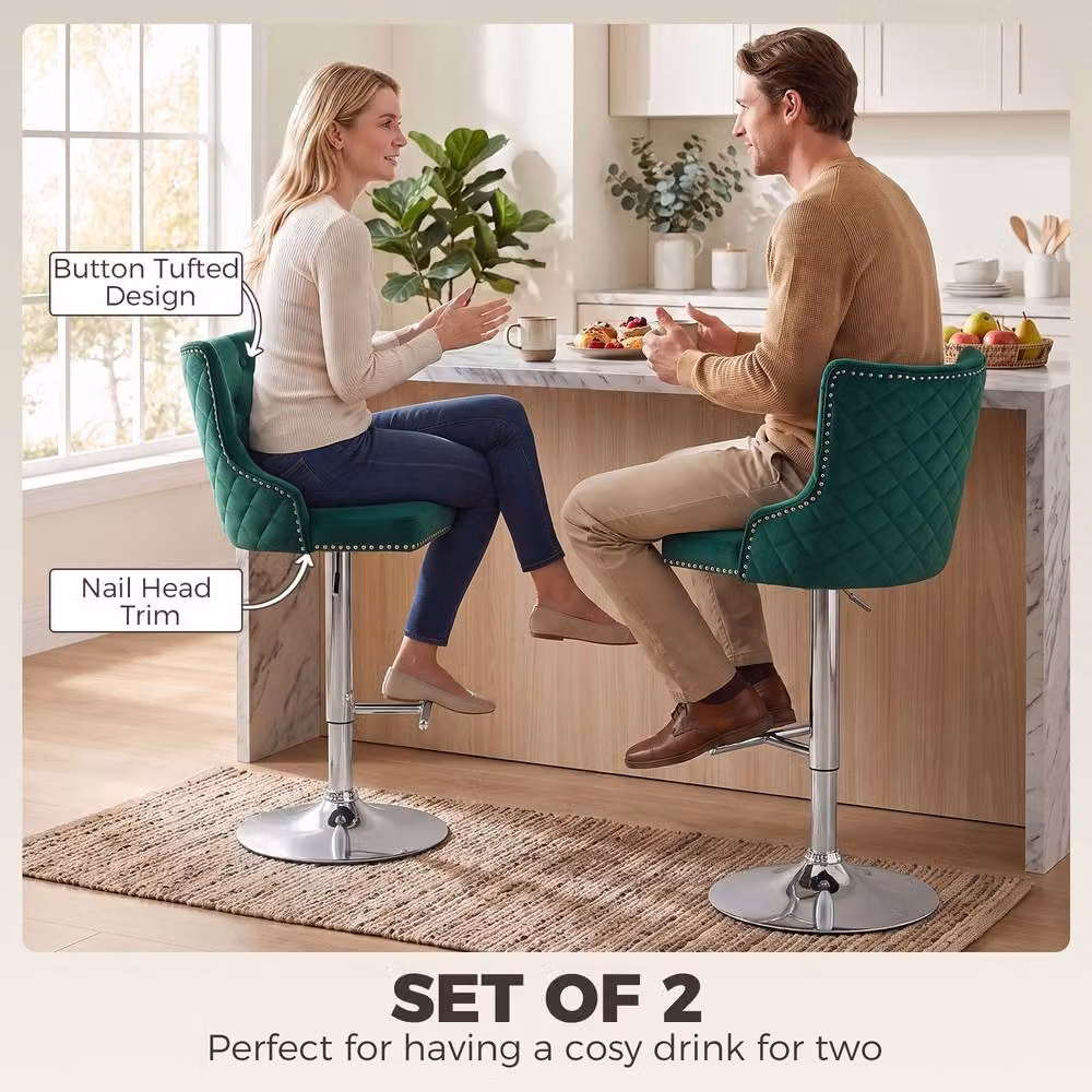 HOMCOM Set of 2 Swivel Velvet Bar Stools with Footrest in Dark Green – 4