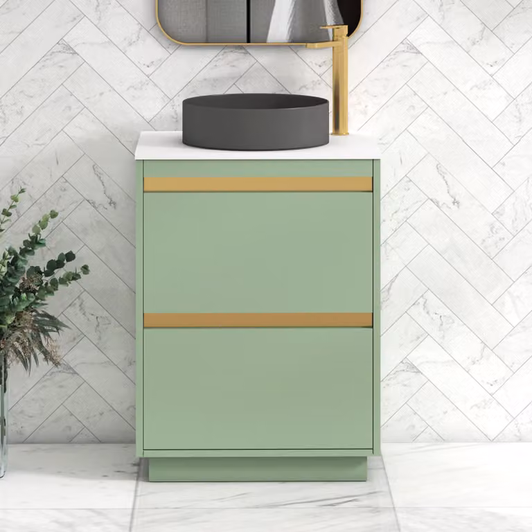 Royal Bathrooms Orion 600mm Mint Sage Floor Standing Vanity Unit with 2 Drawers, White Countertop and Art Round Basin with Brushed Brass Accent Trim