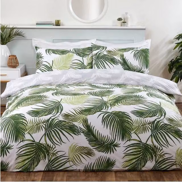 Smart Living Reversible Polycotton Floral Palm Print Duvet Cover and Pillowcase Set, Green, W: 140 cm, H: 200 cm – 1