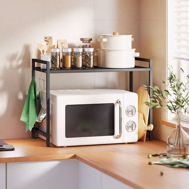 HOMCOM Expandable Black Metal Microwave Oven Rack with 3 Hooks