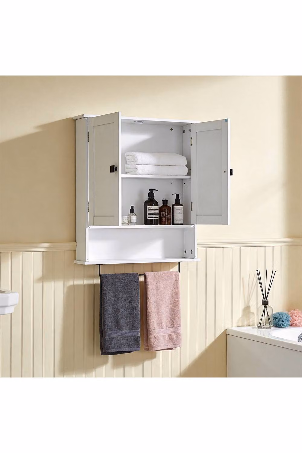 Living and Home Wall-Mounted Minimalist Wooden Bathroom Cabinet with Hinged Doors and Internal Shelves in White – 2