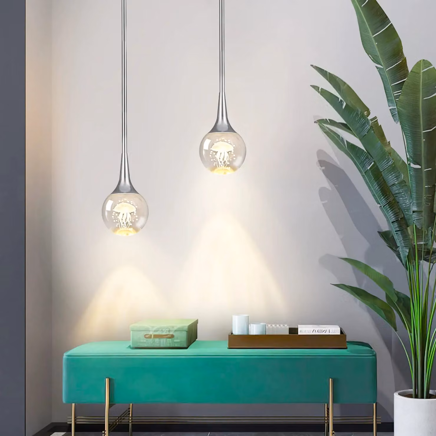 Garwarm Chrome Crystal Jellyfish LED Pendant Light with Silver Metal Rod – 2