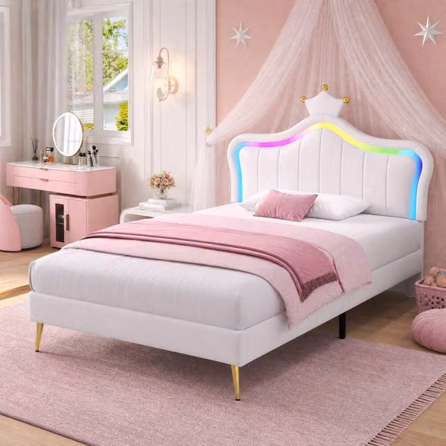 STILVORA Single Upholstered Bed with RGB LED Crown Headboard in Cream, W/D/H: 90 x 190 cm – 1