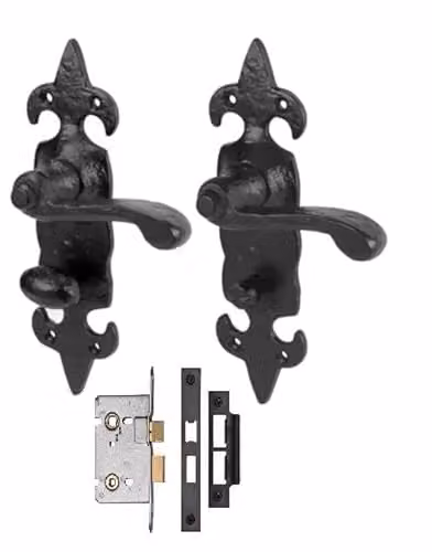 Golden Grace Fleur De LYS Bathroom Handles, 1 Pair, Matt Black, 64mm Lock