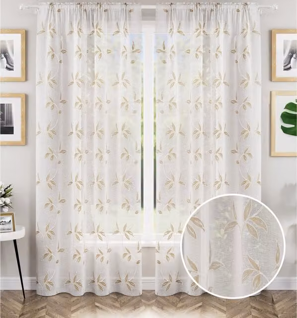 Tyrone Textiles Pair of Grey and Brown Floral Leaf Embroidery Sheer Voile Fabric Panels with Rod Pocket, Width: 137 cm