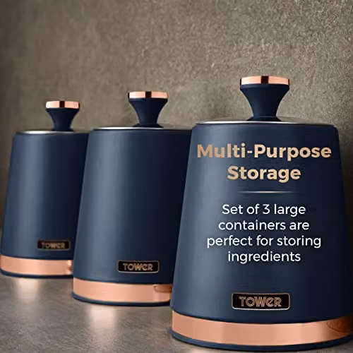 Tower Cavaletto Set of 3 Airtight Stainless Steel Storage Canisters for Tea, Coffee and Sugar, Blue and Rose Gold – 6