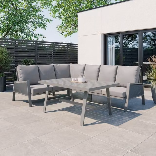 Modish Furnishing Sicily 6 Seater L-Shape Corner Sofa and Dining Set with Light Grey Aluminium Frame and Beige Cushions