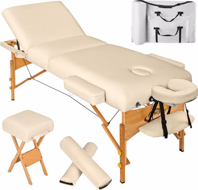 tectake 3-Zone Massage Table with Padding Rolls and Stool in Beige