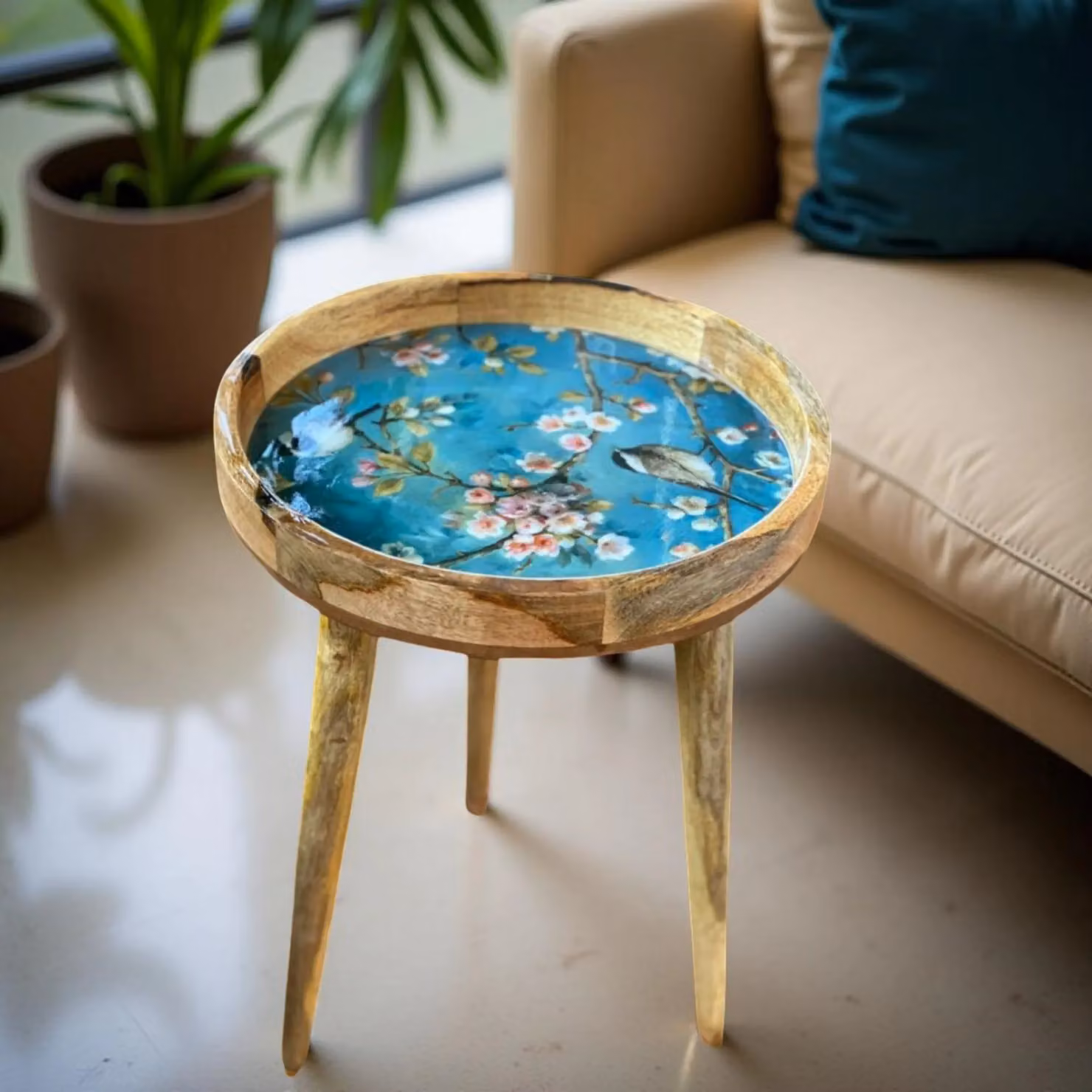 Hartsmede Florence Handmade Mango Wood Side Table in Blue, W/D/H: 36 x 36 x 47 cm – 7