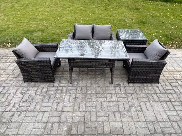 Fimous Rattan Garden Furniture Set with Dining Table, Lounge Sofa and Side Table in Dark Grey