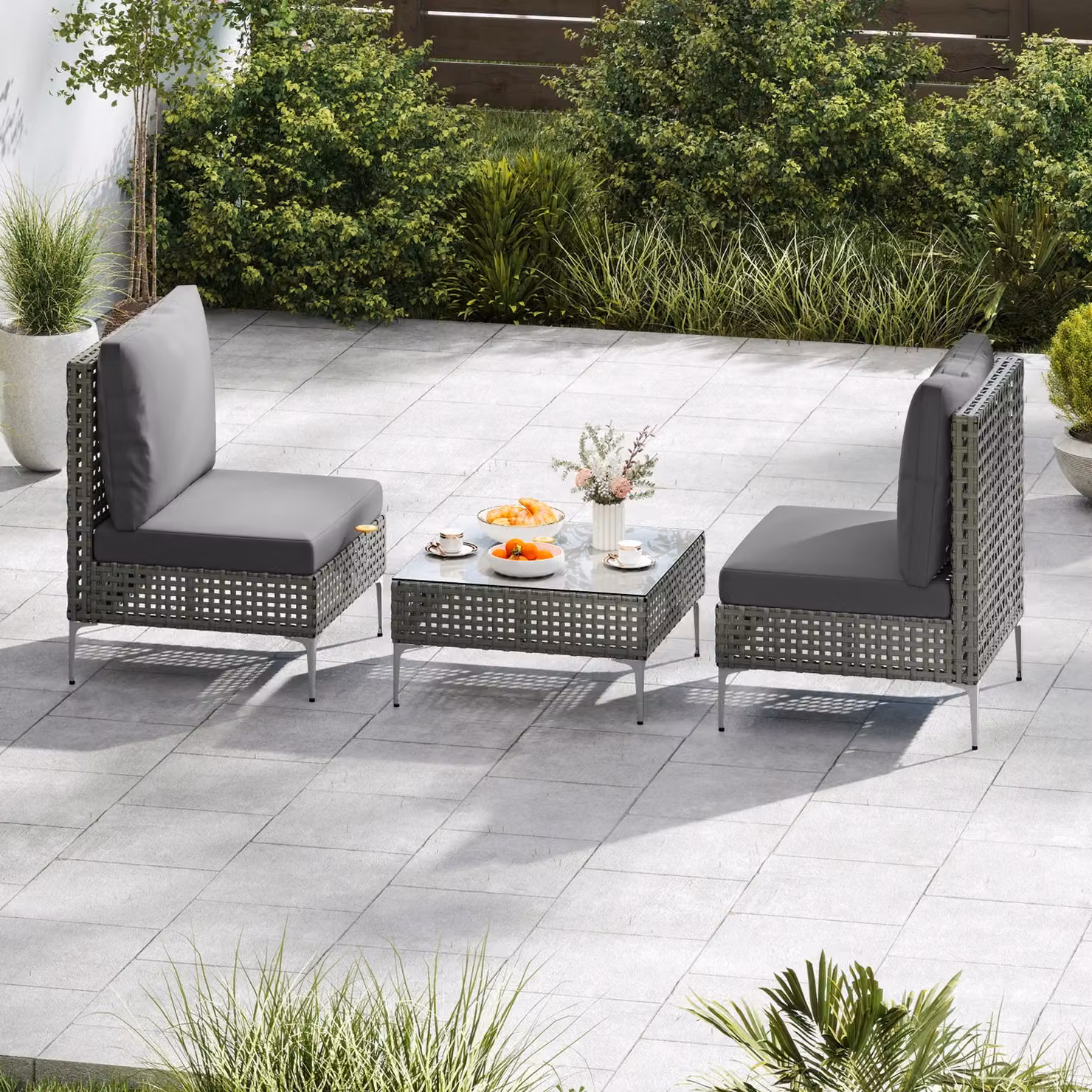 Gymax 3 Piece Grey PE Rattan Patio Bistro Set with Metal Coffee Table – 4