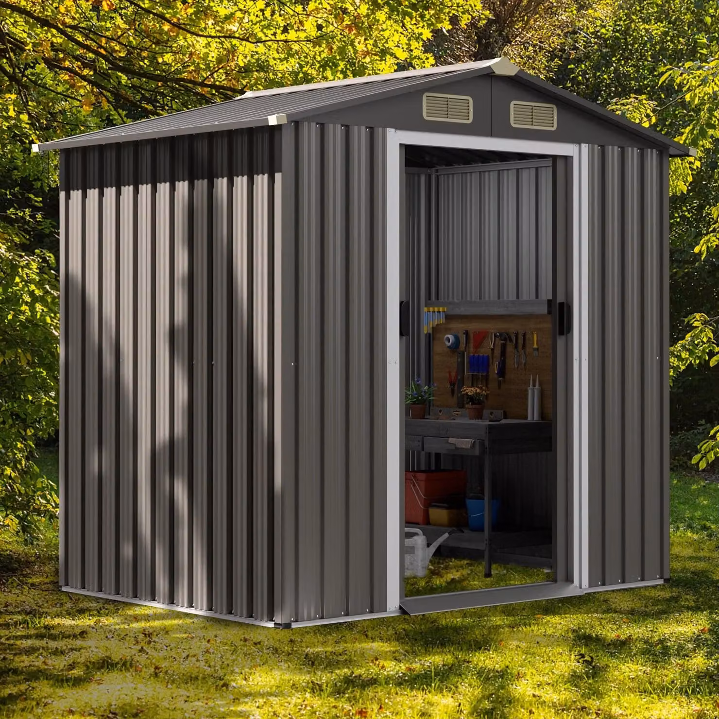 Costway Grey Galvanised Steel Outdoor Storage Shed with Lockable Sliding Door – 3