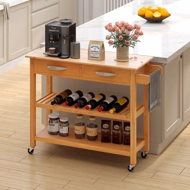 COSTWAY 3-Tier Rolling Utility Cart in Brown Wood