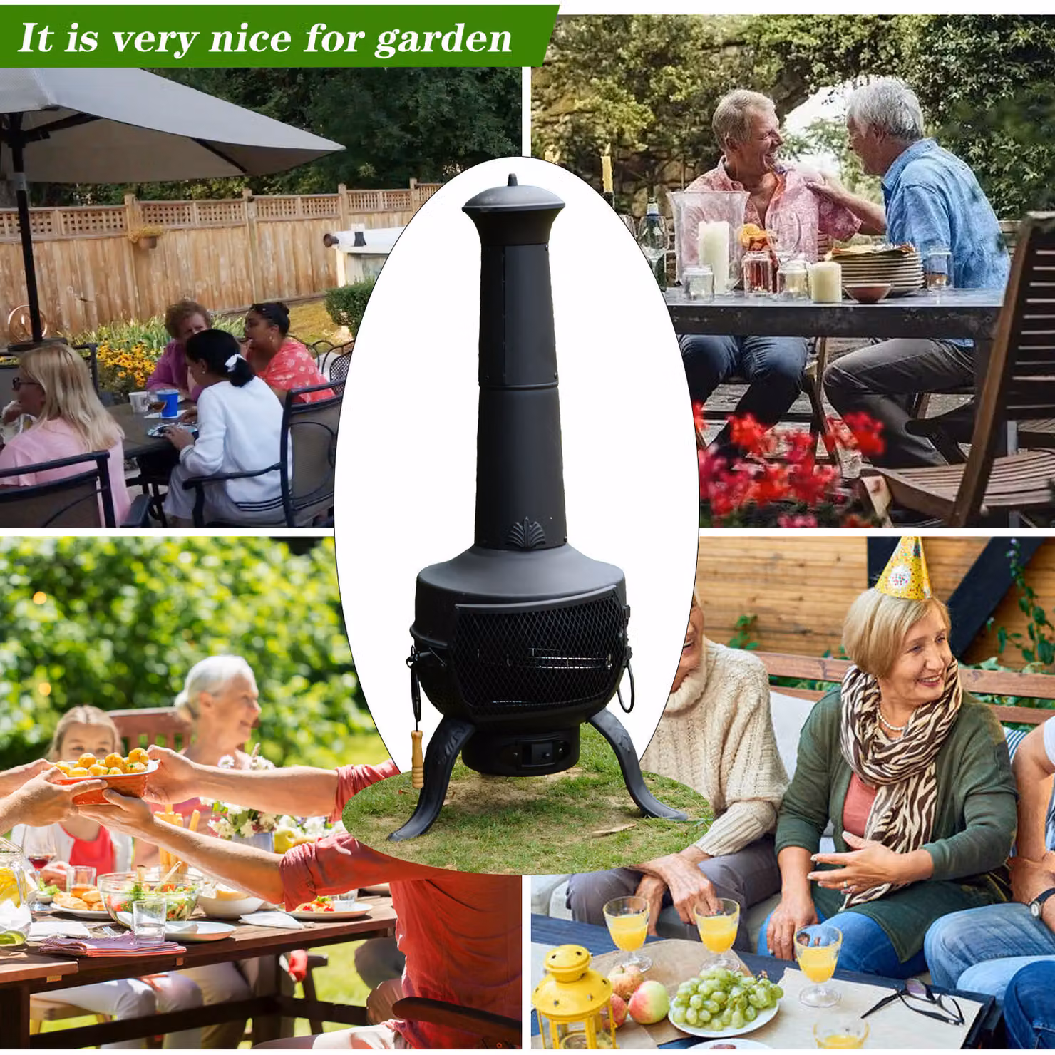Gr8 Garden Black Steel Chiminea Wood Log Burner Fire Pit BBQ Heater, H 137 cm x W 64 cm x D 46 cm – 2