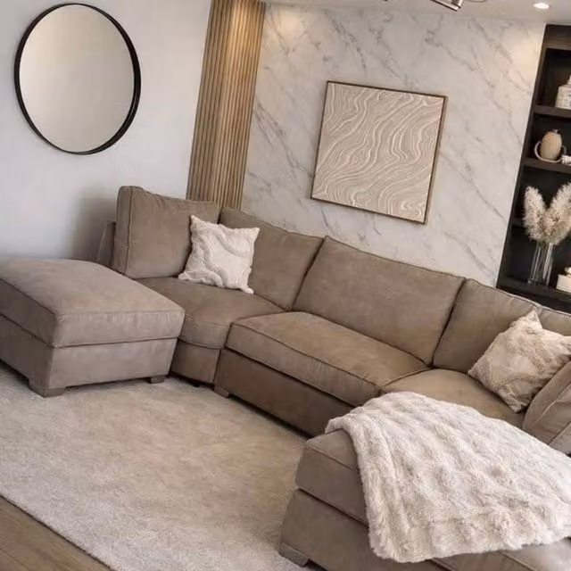 Home & Love Bishop U Shape Cinema Fixedback Corner Sofa in Beige Microfibre Fabric with Matching Ottoman and Scatter Cushions – 1