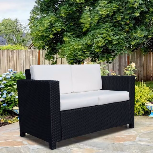 Chilli Seating Two Seater Rattan Sofa with Soft Padded Cushions in Black