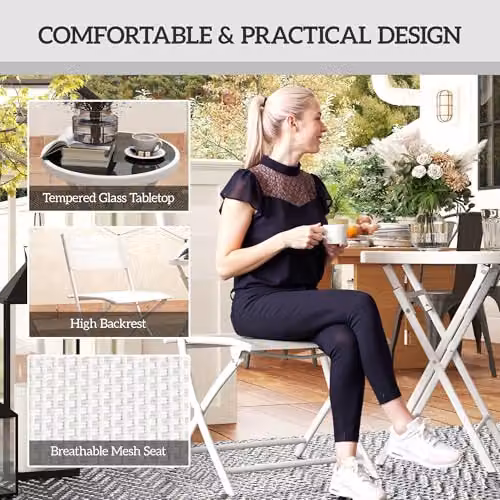 Outsunny 3 Piece Outdoor Bistro Set with Round Glass Top Table and 2 Folding Chairs in White – 4