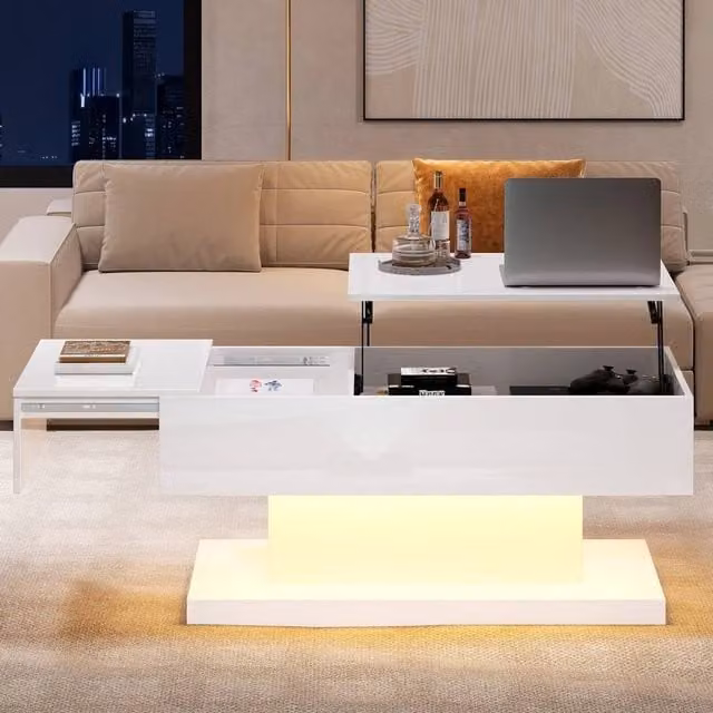 VOGREX White Glossy Lift Top Coffee Table with LED Lighting and Storage Compartment – 1