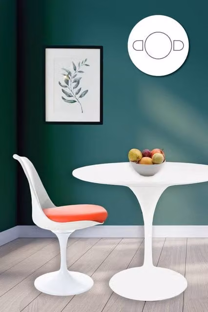 Fusion Living Tulip Dining Set with White Round Table and Two Red Chairs