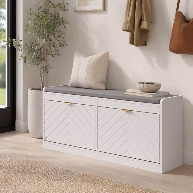 STILVORA Modern Shoe Bench with 2 Flip Drawers in White and Gold