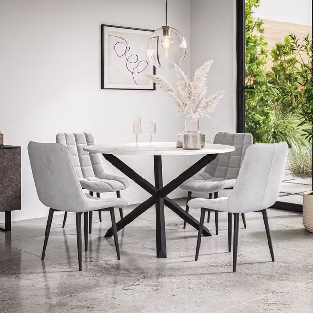More4Homes Malvern Round Dining Table and 4 Nova Grey Velvet Chairs Set with Marble Top and Black Oak Legs, Diameter: 120 cm, Height: 75 cm – 1