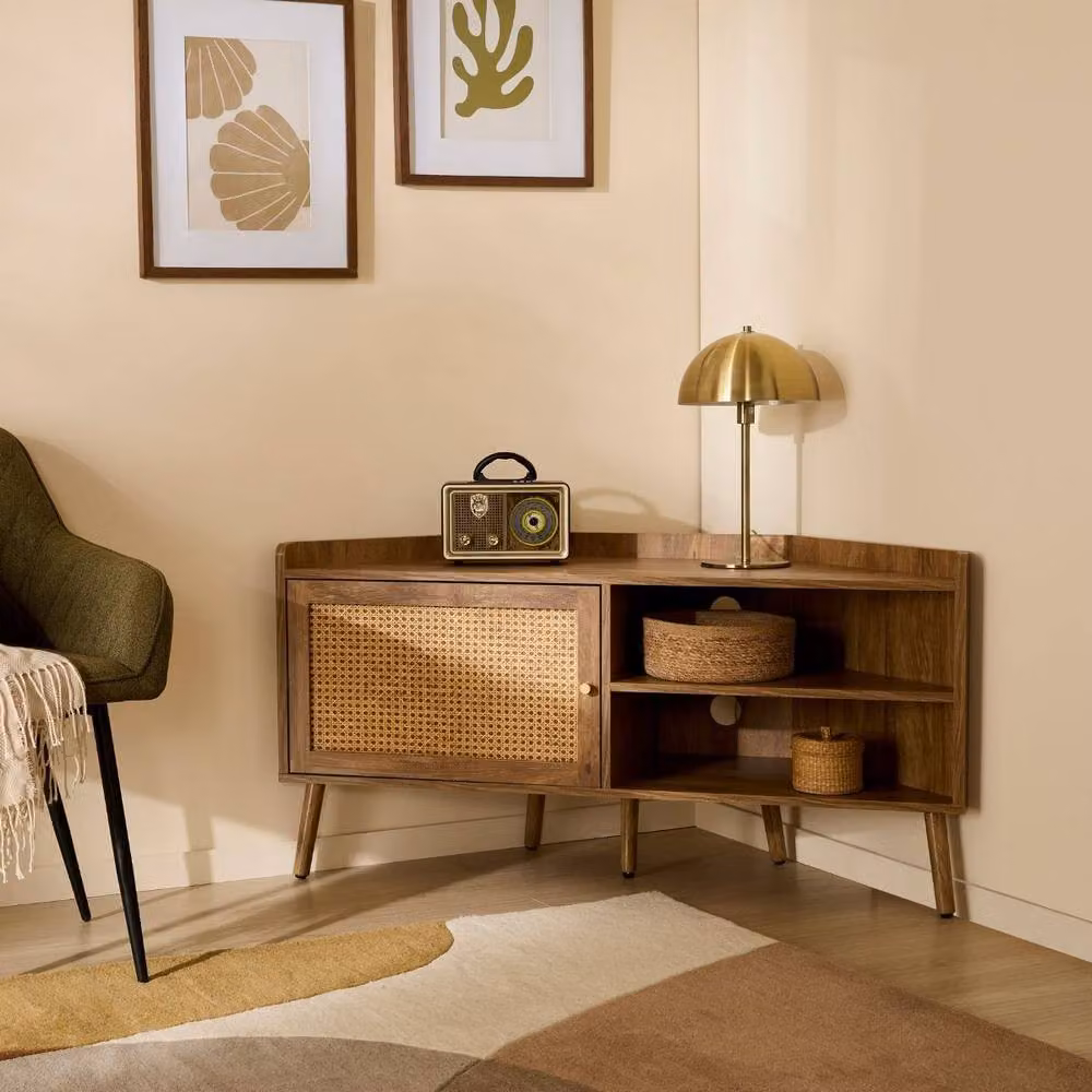 CALICOSY PALMO Corner TV Unit with Rattan Front and 1 Door, Light Brown, W/D/H: 120 x 40 x 60 cm – 2